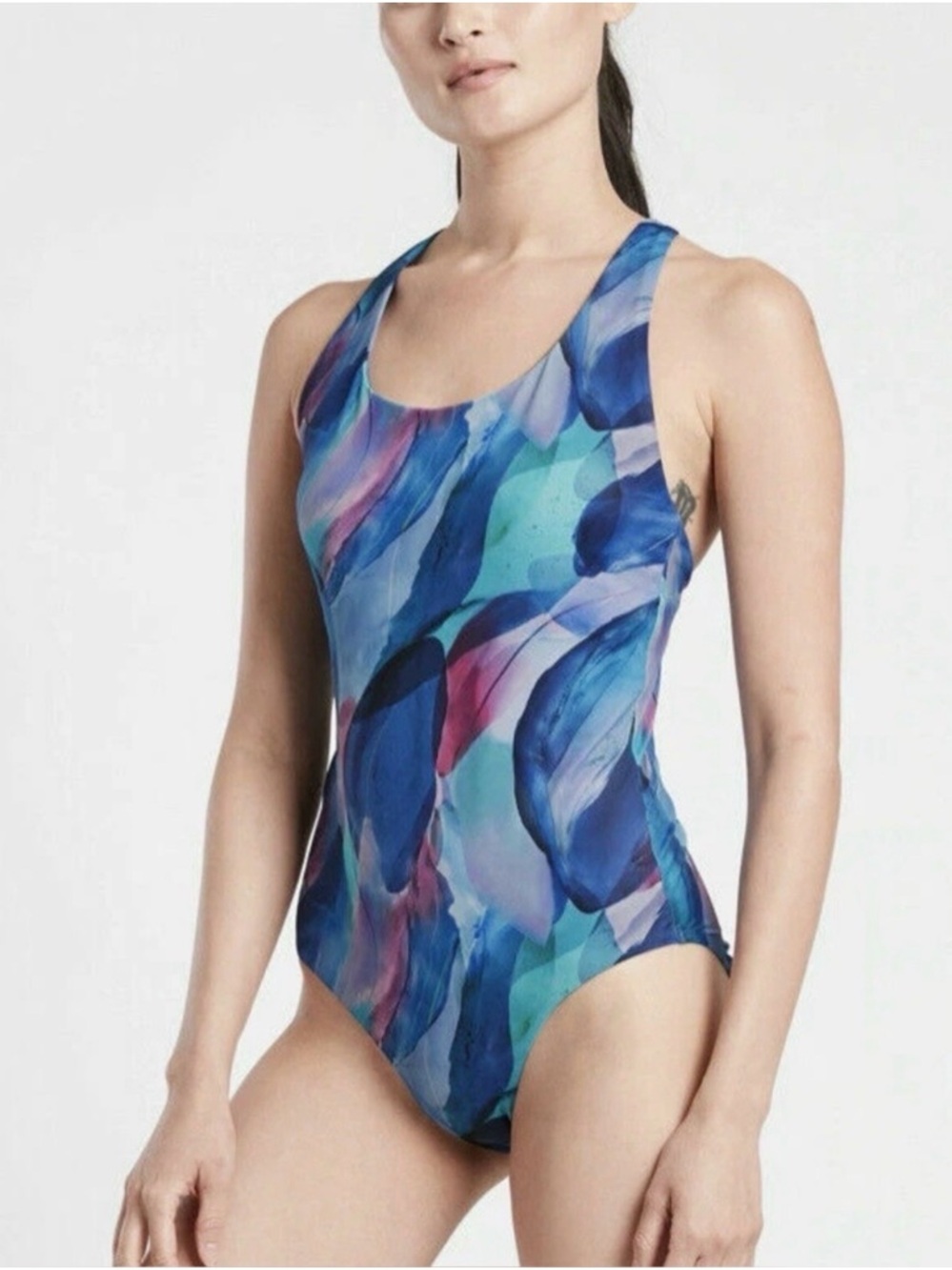 Athleta Malibu Printed One Piece Swimsuit Bathing Suit Blue Marble Size Large